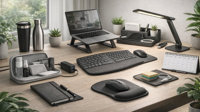 Modern desk setup with laptop stand, keyboard, organizer and branded drinkware
