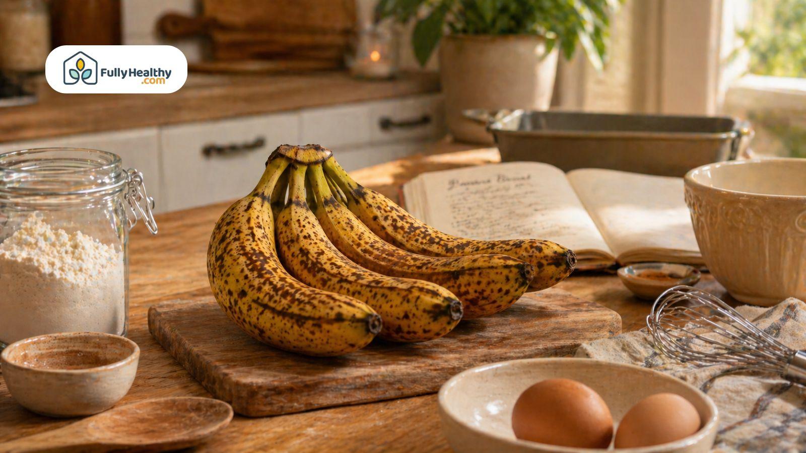 Overripe bananas on wooden board with baking ingredients in kitchen