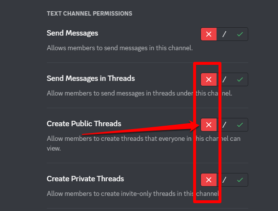Picture showing the permisions to disable to create a Discord read-only channel