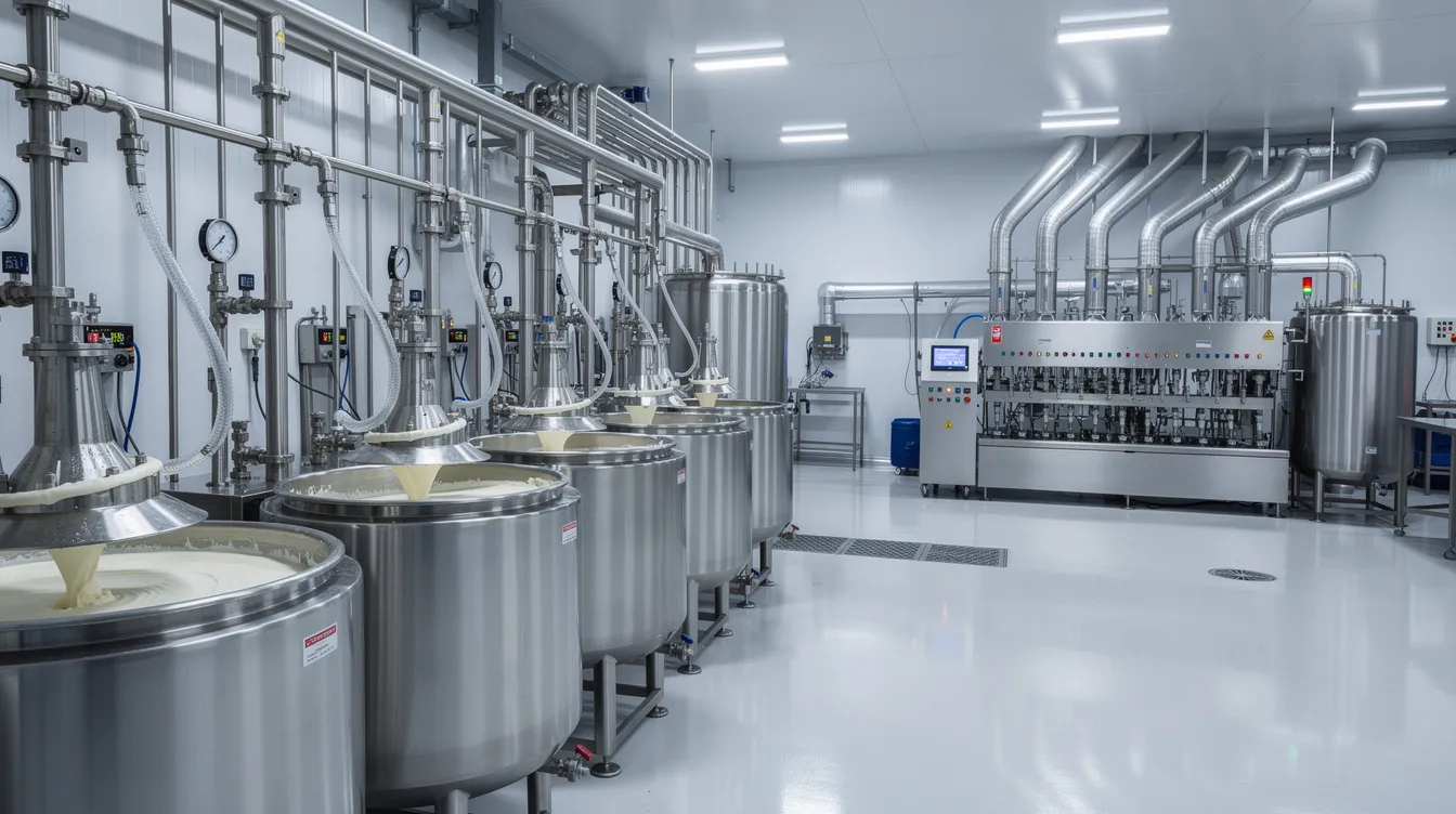 The image depicts an industrial ice cream manufacturing plant featuring large stainless steel mixing tanks and various processing equipment used in the ice cream production process. This facility is designed for efficient production, ensuring consistent quality and compliance with food safety standards.