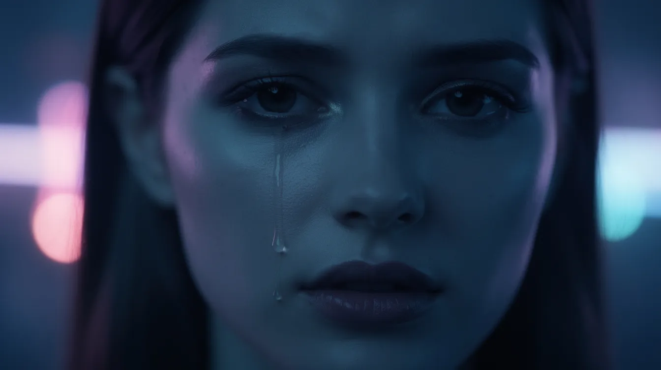 Eine Nahaufnahme einer Frau, die eine Träne auf der Wange hat, während sie in blauem Licht beleuchtet wird. Im Hintergrund sind unscharfe Neonreflexionen zu sehen, die an die futuristische Ästhetik von Ridley Scotts "Blade Runner" erinnern.