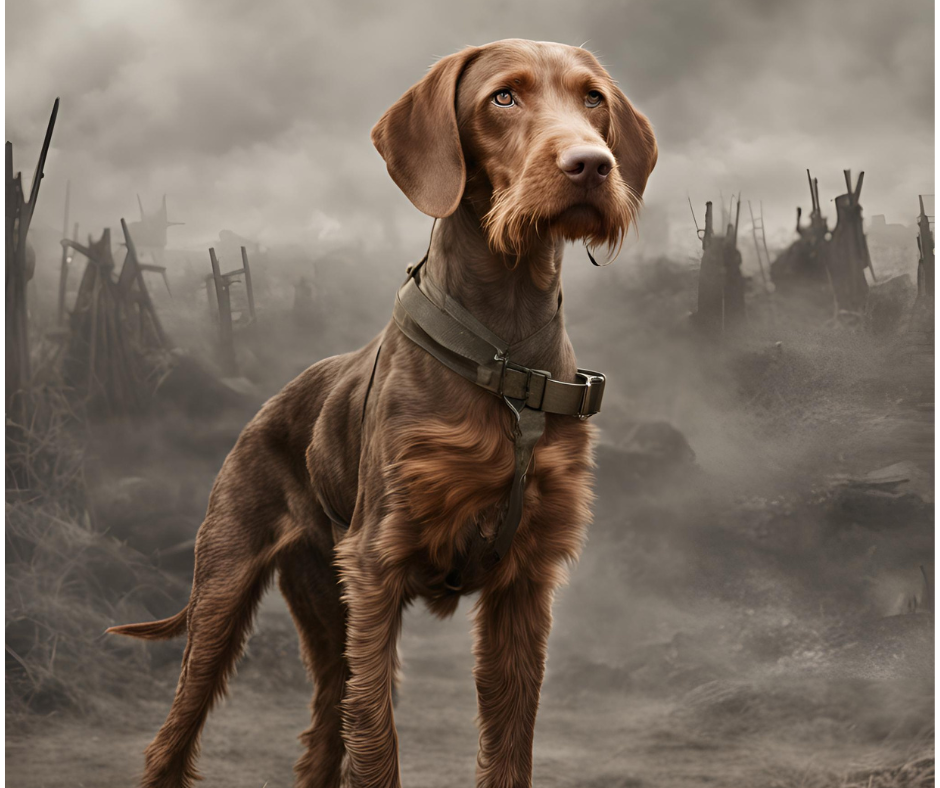 An AI generated image of a Wirehaired Vizsla in the era of WW2