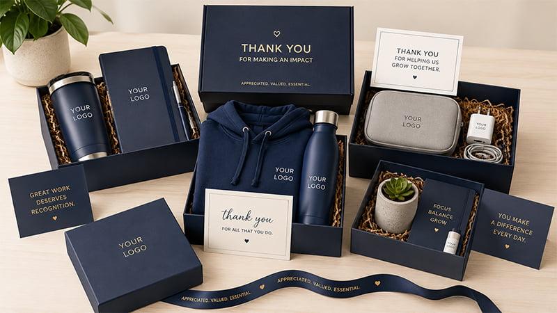 Custom employee recognition gift kits with tumbler, notebook, hoodie, bottle, tech pouch and thank-you cards in branded boxes