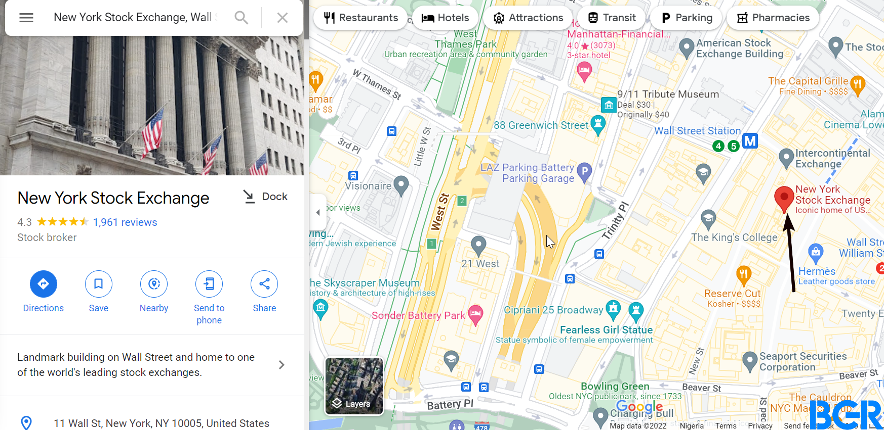 A pin is dropped on the desired location after clicking on the search bar suggestion