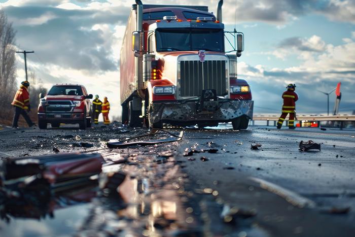 Firefighters responding to serious semi-truck accident on highway with debris scattered across road