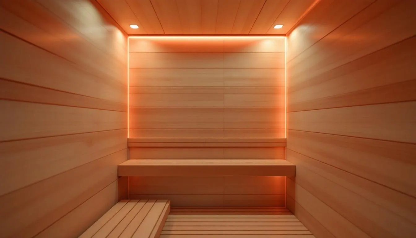The image depicts a cozy infrared sauna with a warm wooden interior and visible infrared heaters, highlighting the unique features of infrared saunas that provide numerous health benefits, such as improved circulation and muscle relaxation. This inviting space emphasizes the therapeutic advantages of infrared heat compared to traditional steam saunas.