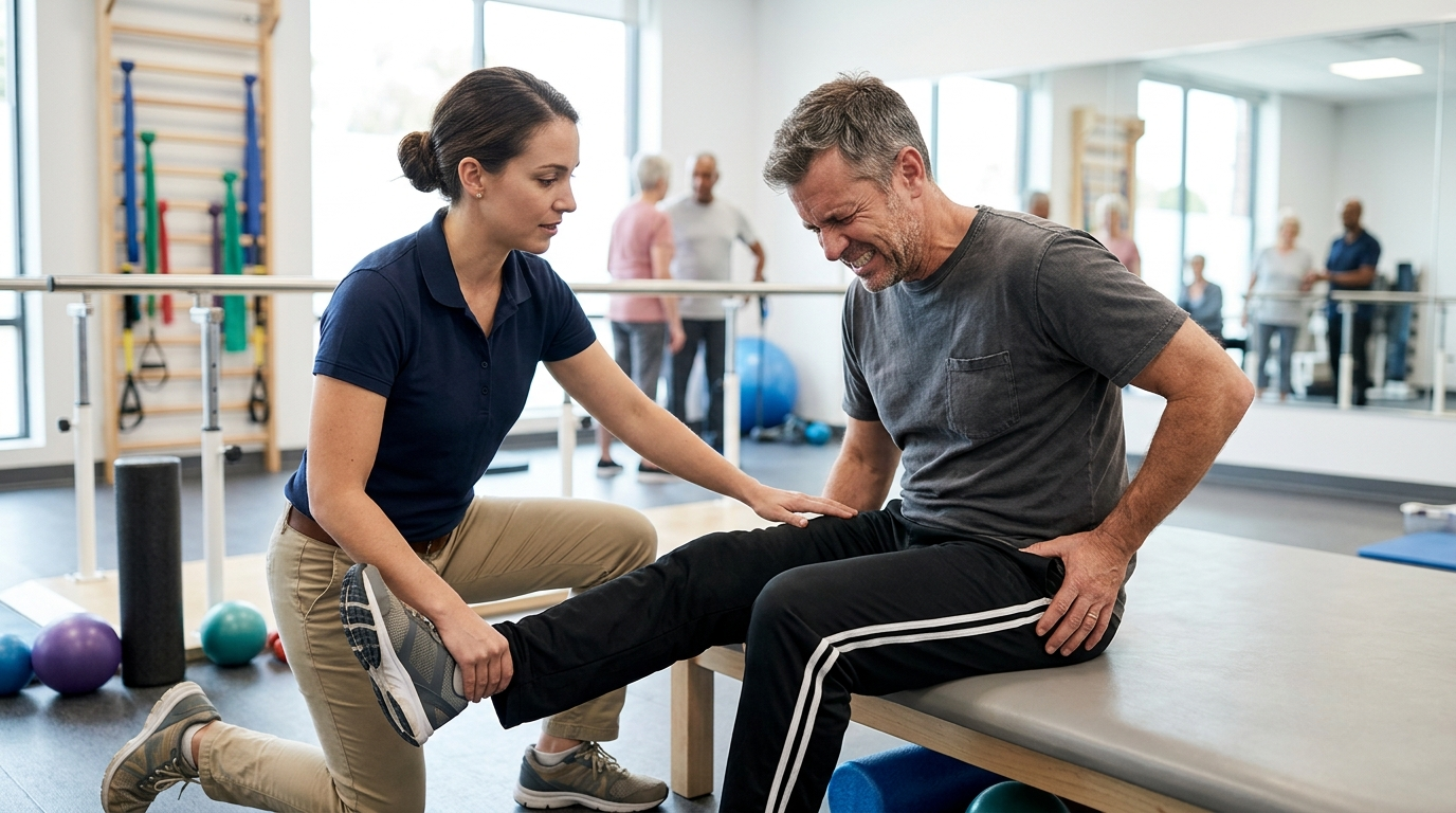 	Physical therapist stretching a patient's hip to relieve sciatic nerve pain during rehab.