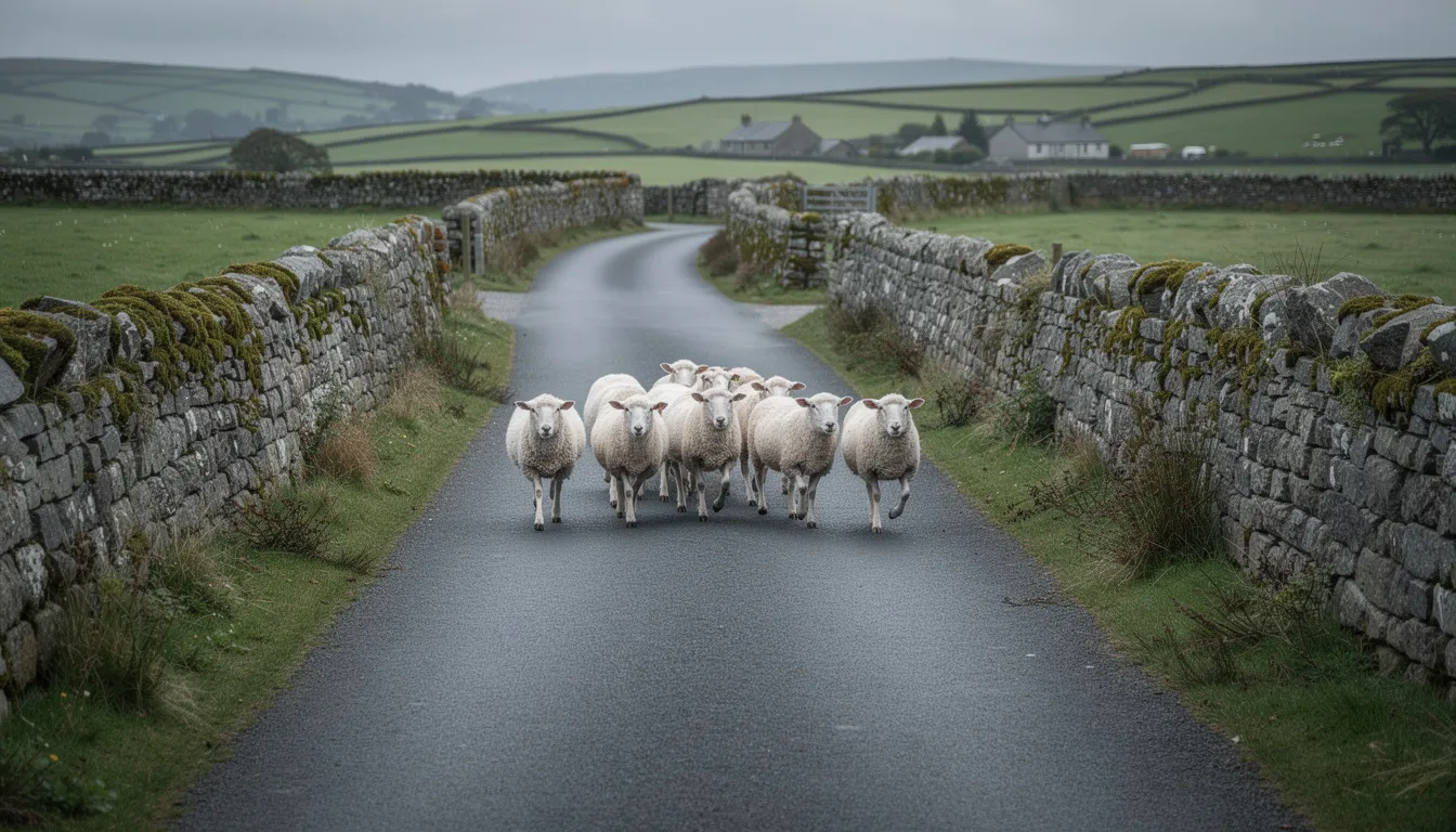 Un chemin rural étroit en Irlande, bordé de murs en pierre, avec des moutons traversant la route. Ce paysage pittoresque évoque la sérénité des campagnes irlandaises, parfait pour un road trip à travers l'île.