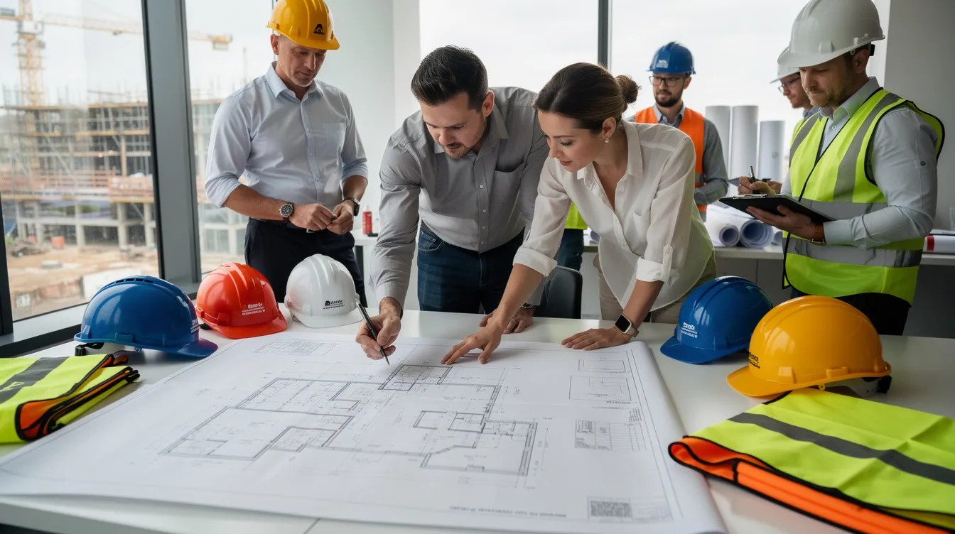 A group of construction professionals is gathered around a table, intently reviewing architectural blueprints, while hard hats and safety vests are placed nearby. This scene highlights the importance of accurate construction estimating and collaboration in managing complex projects within the construction industry.