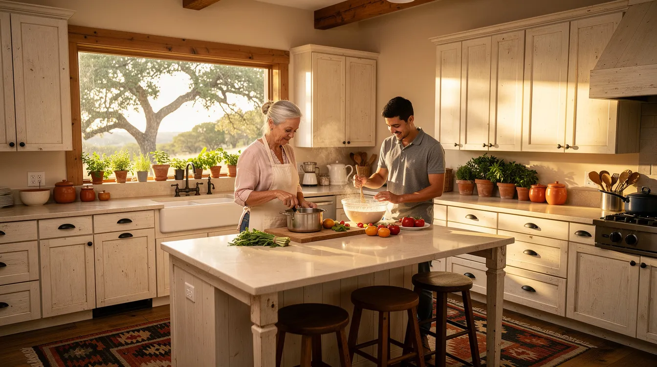 In a bright kitchen of a Texas Hill Country home, an older woman prepares a meal with the assistance of a younger companion, showcasing the joy of family caregivers working together on daily tasks. This scene reflects the supportive environment that fosters independence and comfort for seniors in the Austin area.
