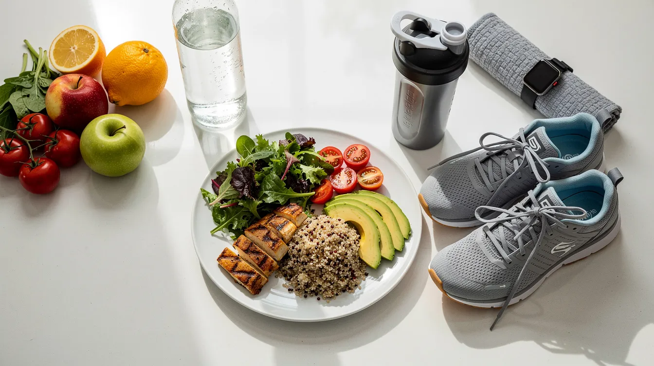 The image features a vibrant kitchen counter displaying a healthy meal alongside a pair of workout shoes, symbolizing a commitment to a healthy lifestyle and weight loss solutions. This arrangement suggests an emphasis on body sculpting and fat reduction through diet and exercise.