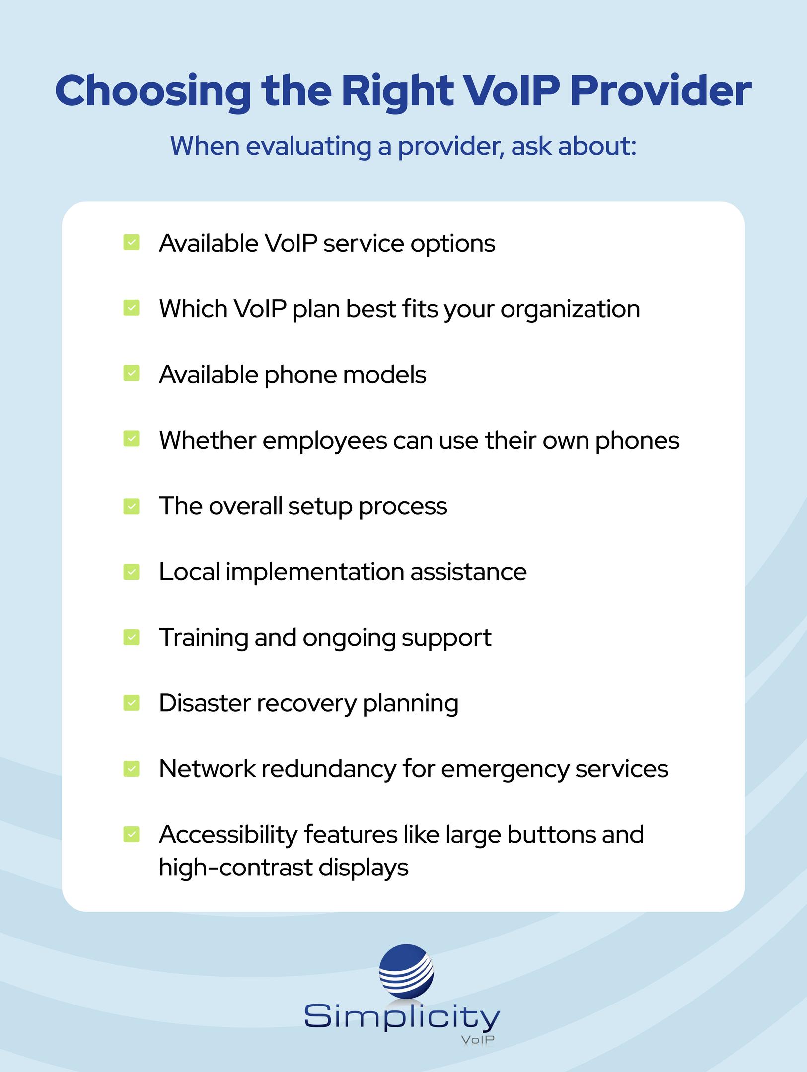 Simplicity VoIP checklist graphic on choosing the right VoIP provider for business.