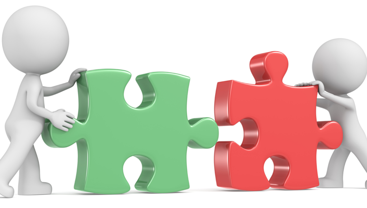 affiliate vs partner marketing - two stick figures bringing 2 jigsaw puzzle pieces together 