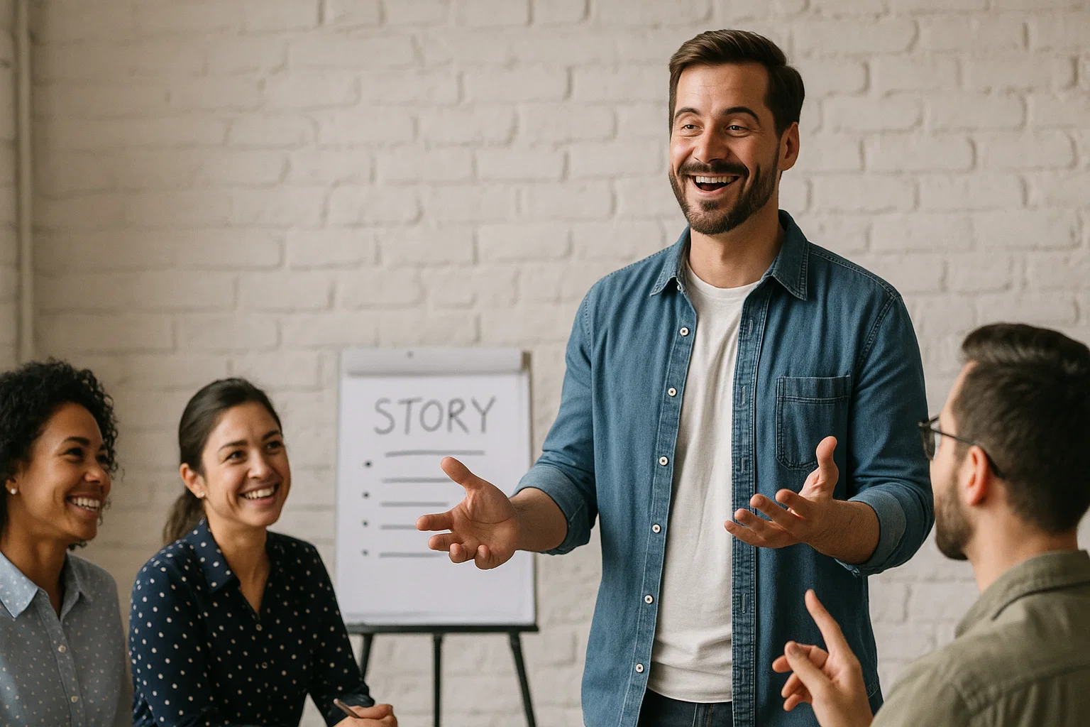 A speaker sharing a business journey with a small audience at a networking event, illustrating the impact of storytelling.