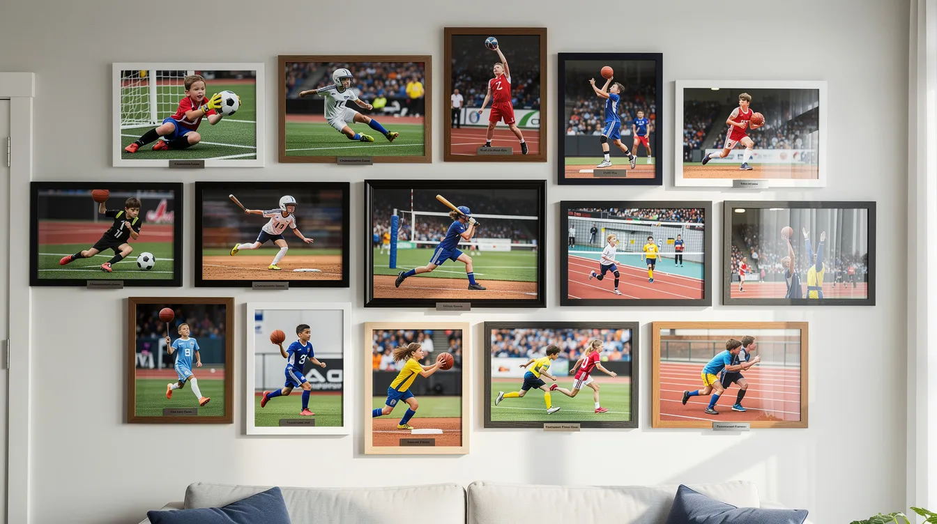 The image depicts a vibrant gallery wall filled with action shots from various youth sports games and tournaments, showcasing enthusiastic players and coaches in dynamic poses. This colorful display captures the spirit of community sports, making it a perfect highlight for any sports website or organization.