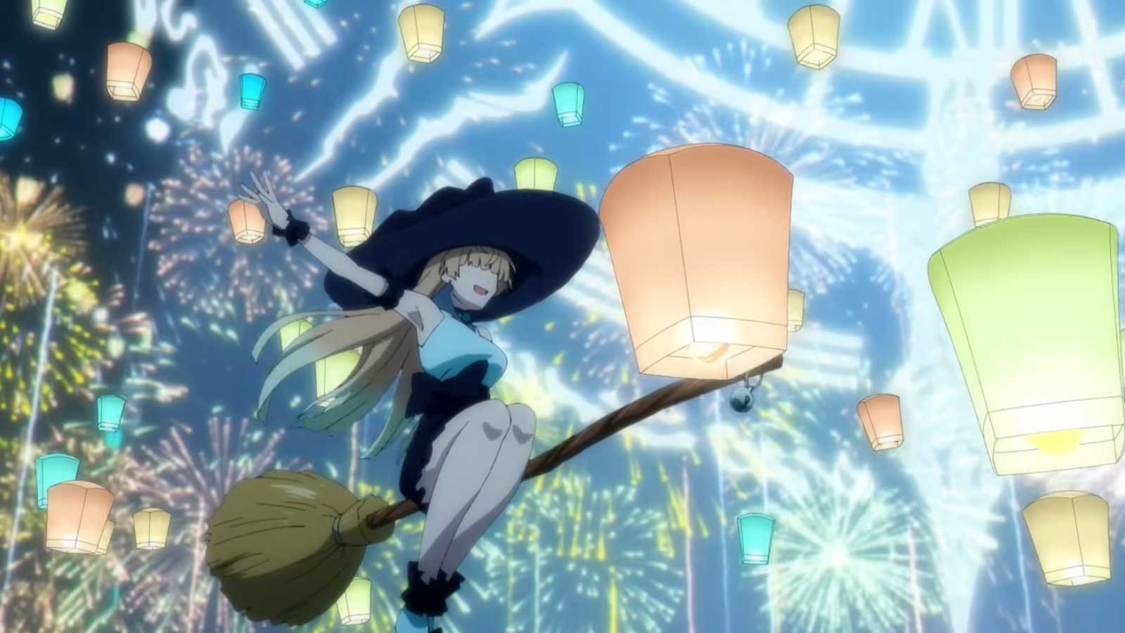 Woman riding flying broom in Wistoria Wand and Sword Season 2 Trailer