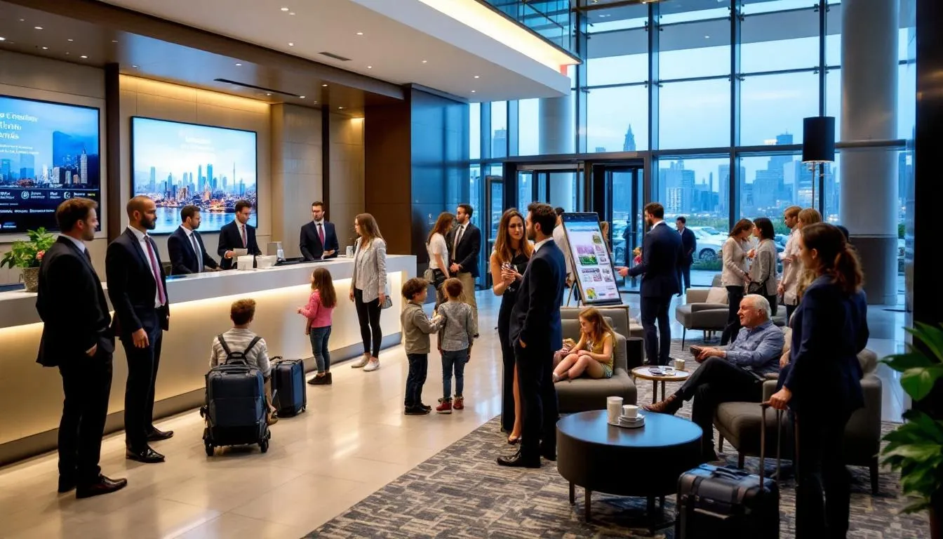In a bustling hotel lobby, a diverse group of guests is seen, including business travelers with briefcases, families with children, and leisure travelers enjoying their stay. This scene illustrates the various hotel market segments and highlights the importance of market segmentation in the hospitality industry for targeted marketing efforts and enhanced guest satisfaction.