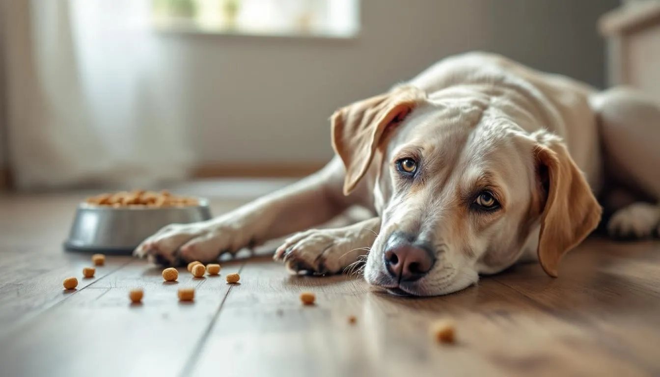 A dog is sitting with a distressed expression, refusing to eat its food, indicating potential stomach pain or discomfort. Signs of possible vomiting and diarrhea suggest the need for veterinary attention to assess the pet