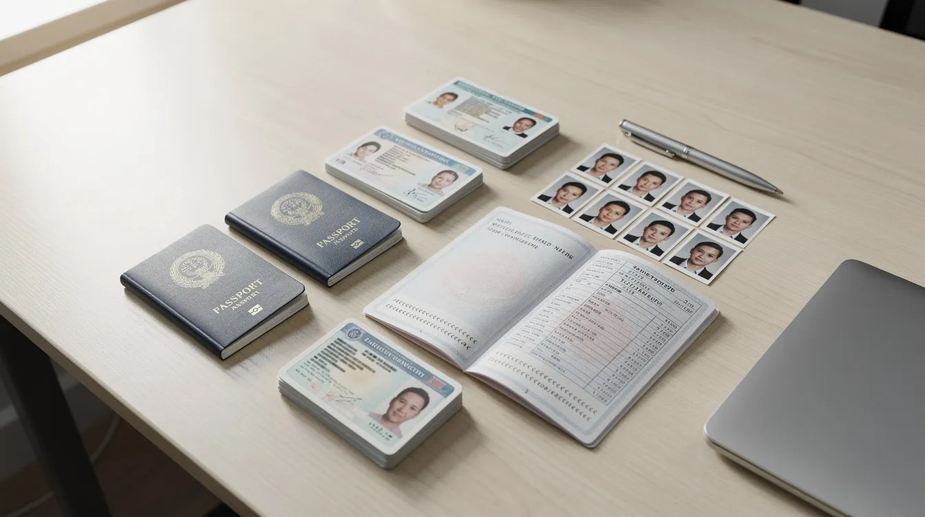 The image features a clean office desk with neatly organized identity documents, a bank passbook, and photographs, all essential for a mudra loan application. This setup reflects the careful preparation needed to ensure proper documentation for loan approval and highlights the importance of having a clear business plan and proof of business details.