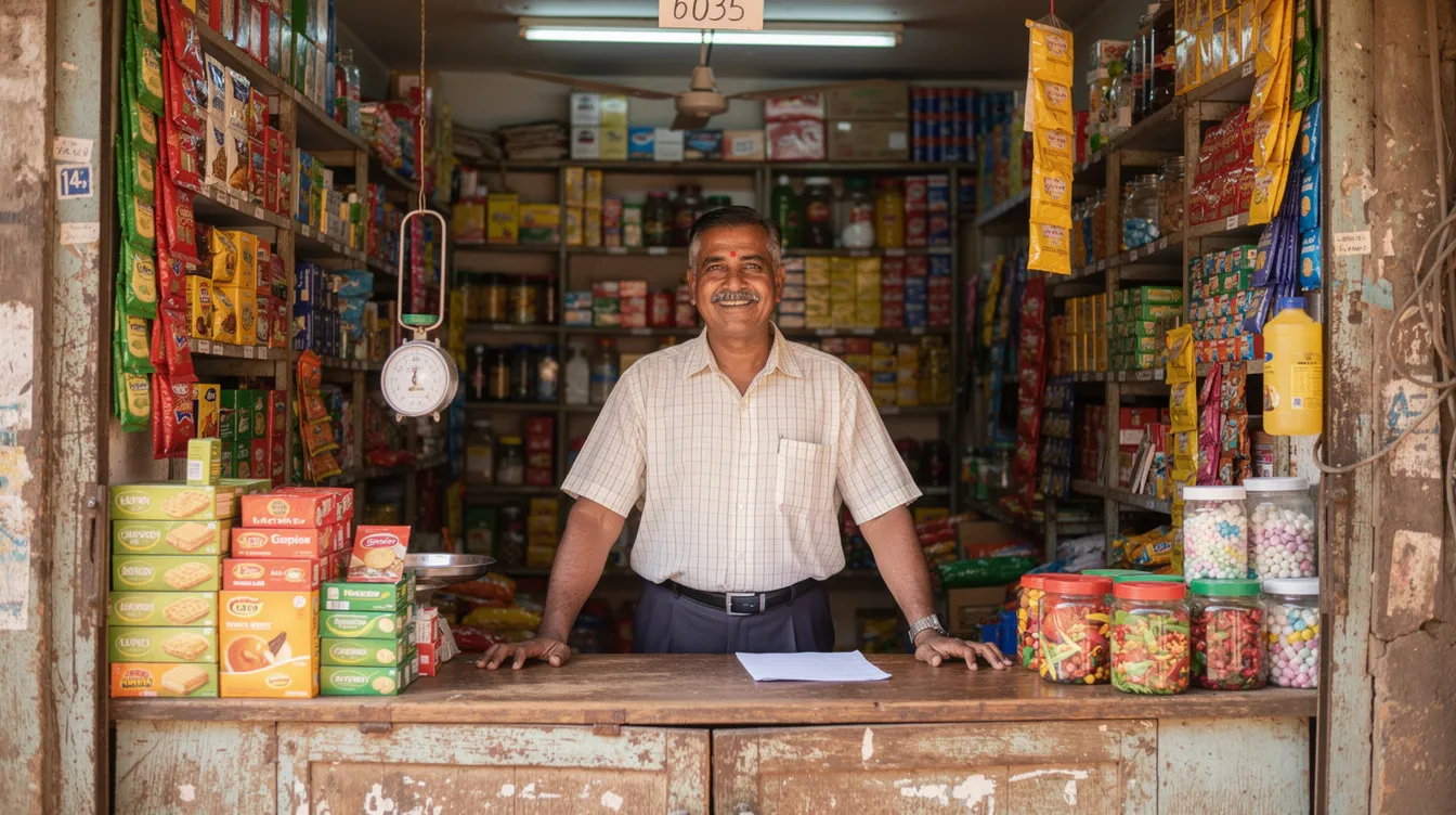 d4c68b83 7e10 4171 881d 3709dce6c68c A small Indian shopkeeper stands at the counter of his retail store, surrounded by shelves filled with various goods. This scene highlights the entrepreneurial spirit supported by schemes like the Pradhan Mantri Mudra Yojana, which provides business loans to micro units and shopkeepers in India.