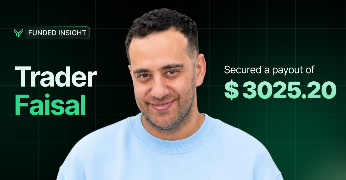 Funded Insight payout announcement graphic on a dark green grid-pattern background. The Funded Insight chevron logo and wordmark sit in a rounded pill badge at the top left. A cutout portrait of a smiling man with short dark hair and stubble, wearing a light blue crewneck sweatshirt, is centered and cropped at the chest. To the left, text reads "Trader" in white above "Faisal" in mint green. To the right, smaller white text reads "Secured a payout of" above the figure "$3025.20" in large mint green type.