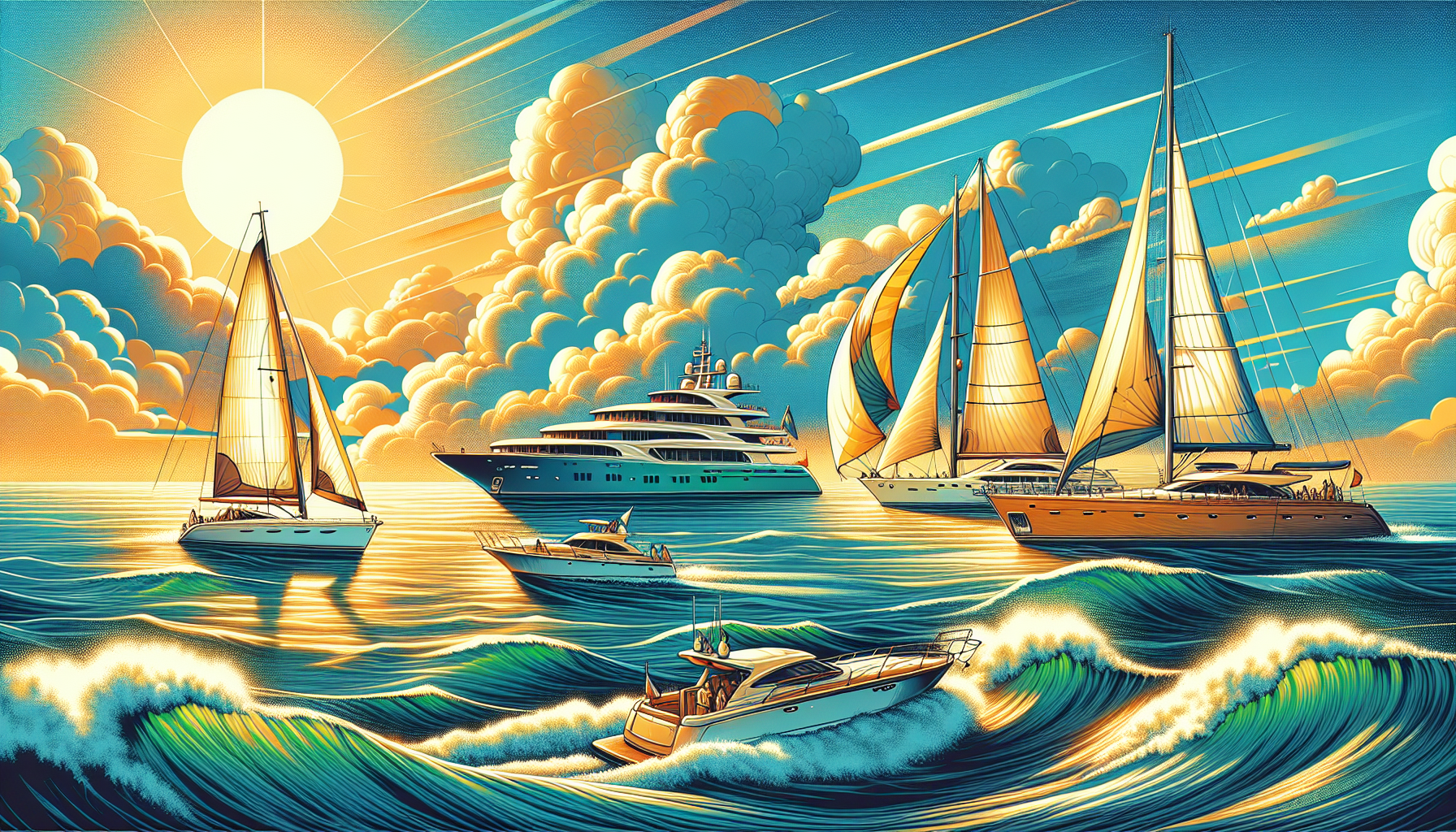 An illustration of various cruising yachts sailing on the ocean.