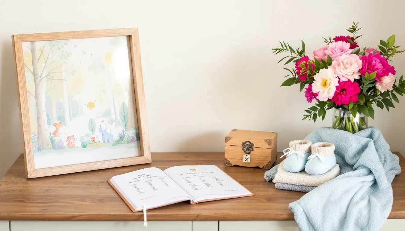 A beautifully styled wooden table displays creative baby gifts for new moms, including a customized baby milestone journal, baby-themed wall art, and a memory box, all surrounded by fresh flowers and adorable baby booties, making it an ultimate gift idea for new parents.