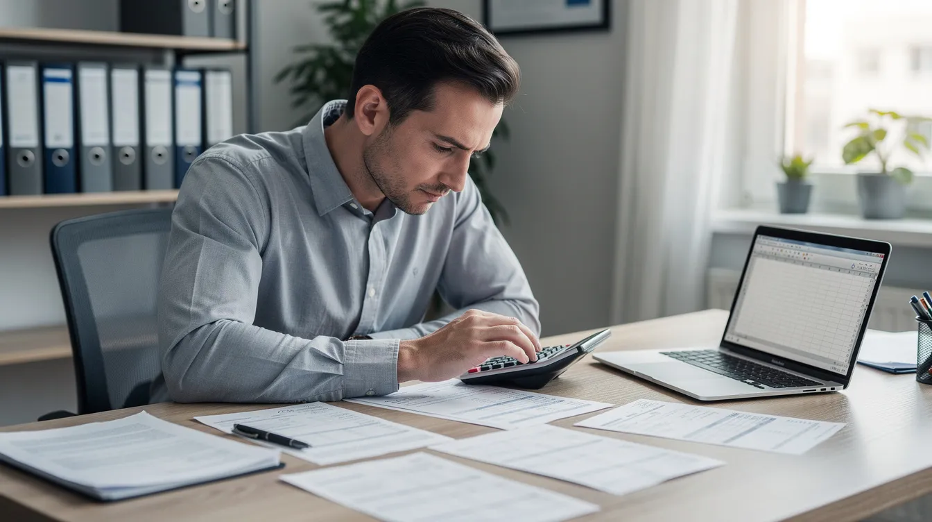 d4cdbd5f 10e3 4dbc 92d3 bb857a4b47c2 The image shows a small business owner sitting at a desk, surrounded by financial papers, a calculator, and a laptop, as they review numbers related to their business loan and cash flow. This scene reflects the careful planning and financial assistance often sought by entrepreneurs to manage their credit needs under schemes like the Pradhan Mantri Mudra Yojana.
