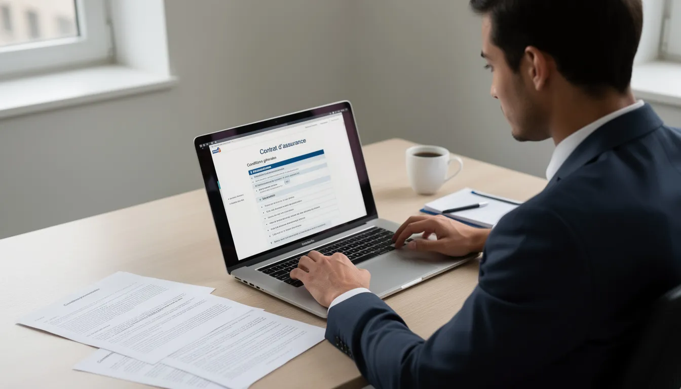 Une personne est assise à une table, consultant des documents d'assurance sur un ordinateur portable. L'environnement suggère un cadre professionnel, où l'individu examine attentivement les détails des polices d'assurance, potentiellement en lien avec des services haut de gamme comme ceux offerts par la carte Mastercard World Elite.