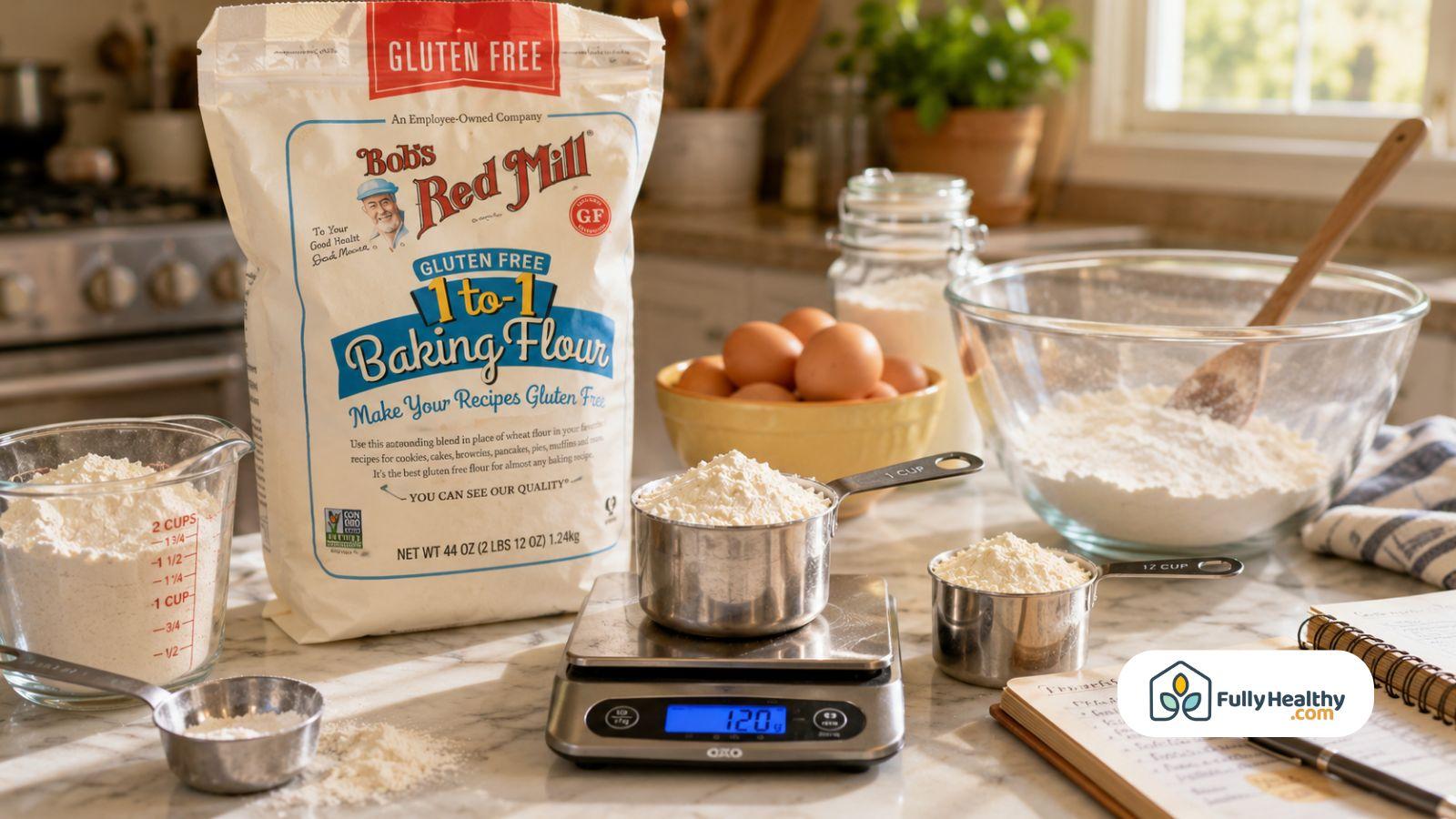 Gluten free baking flour beside measuring cups scale and ingredients