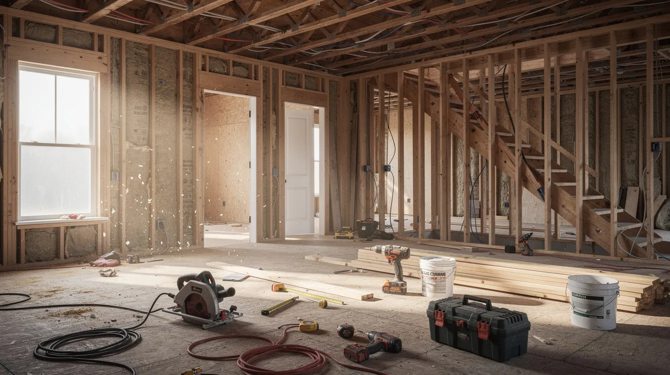 The image depicts a house in the midst of renovation, showcasing exposed framing and various construction tools scattered across the floor, highlighting the ongoing transformation of the property. This setting is often associated with investment property ventures, where understanding construction loans and the potential for rental income can play a crucial role in the overall property value.