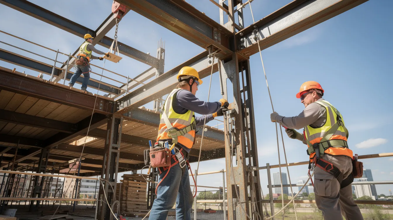 The image shows a busy construction site with workers in hard hats and safety gear, actively engaged in tasks at height. This scene highlights the importance of workplace safety to prevent serious brain injuries and the need for legal support from a brain injury lawyer in Colorado Springs for those affected by workplace accidents.