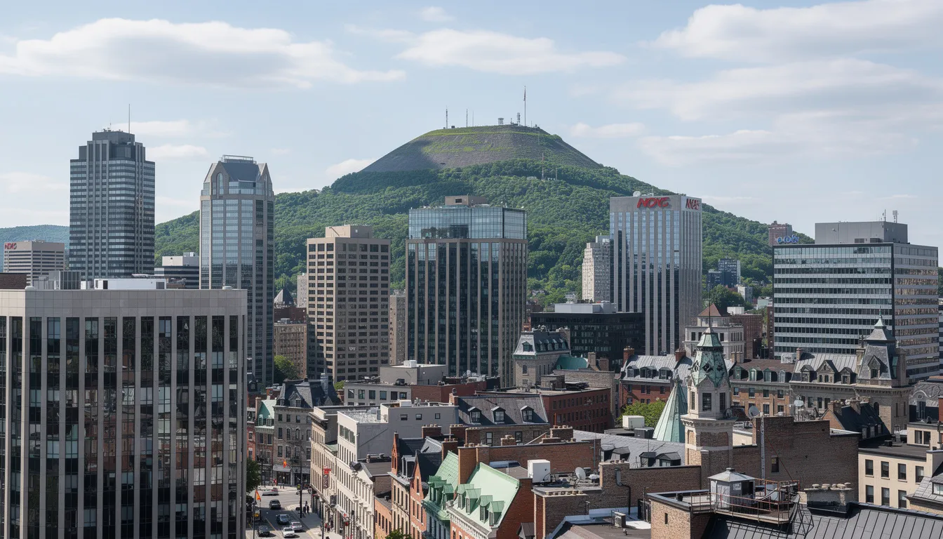 L'image montre la ville de Montréal avec le Mont-Royal majestueusement en arrière-plan, symbolisant un lieu de vie dynamique pour les étudiants et futurs résidents permanents au Canada. Ce paysage urbain évoque les possibilités d'études et de carrière offertes aux diplômés souhaitant s'établir au Québec.