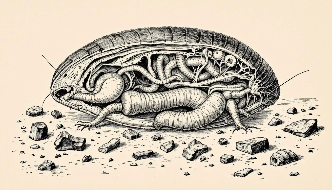 Digestive system of a woodlouse amidst rotting wood.