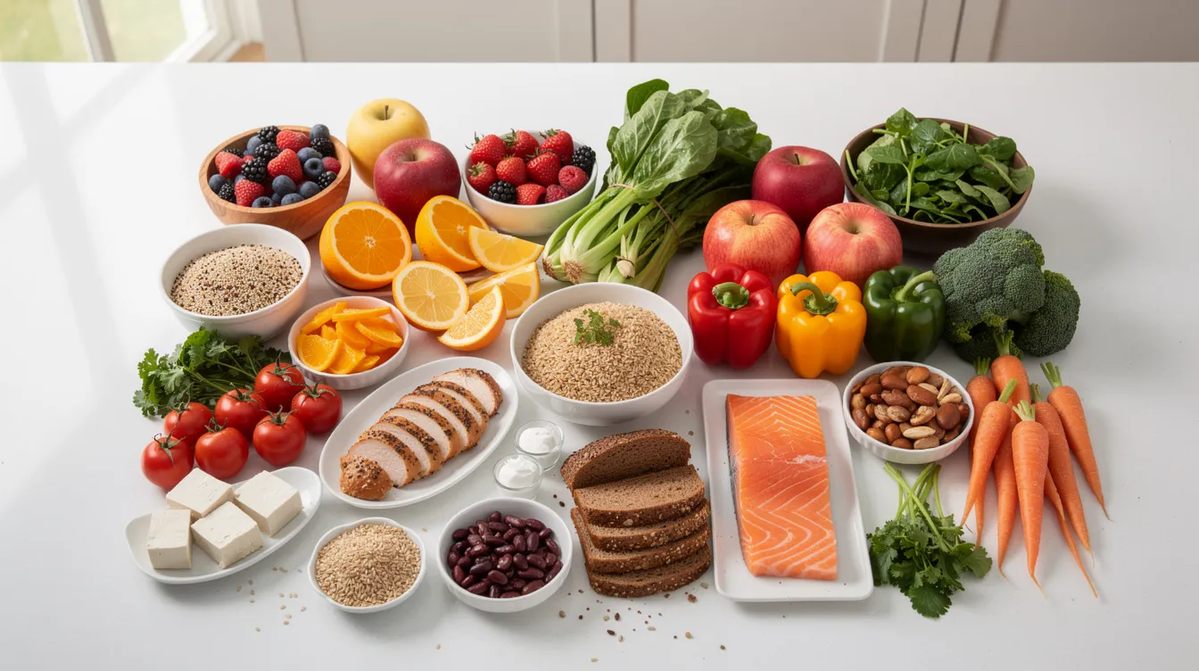 The image depicts a vibrant assortment of fresh fruits, vegetables, whole grains, and lean proteins beautifully arranged on a kitchen counter, emphasizing the importance of a healthy diet for maintaining liver function and preventing liver disease. This colorful spread serves as a reminder of how a balanced diet can support healthy liver tissue and potentially reduce the risk of conditions like cirrhosis of the liver.