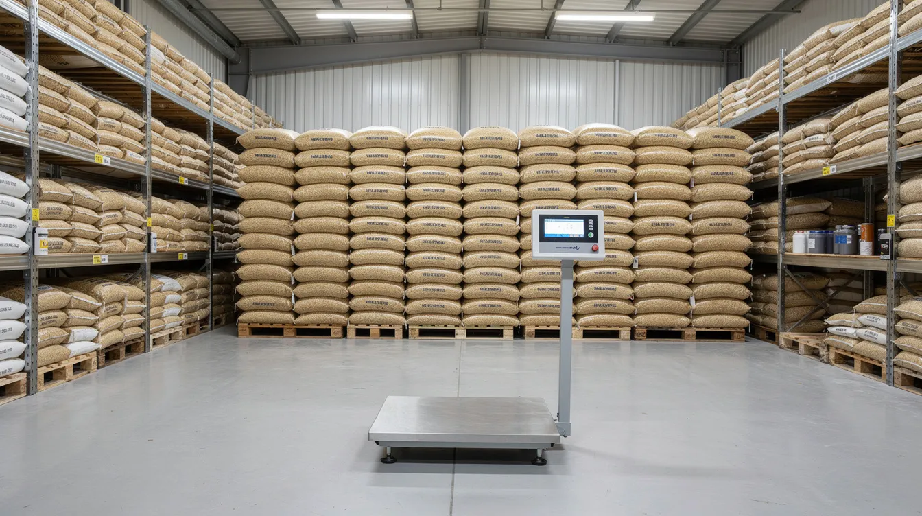 The image shows stacks of filled grain bags neatly arranged in a clean warehouse, alongside shelving and a weighing scale, indicating a well-organized environment for puffed rice manufacturing. This setting reflects the operational aspects of the puffed rice industry, where raw materials are processed and stored efficiently.