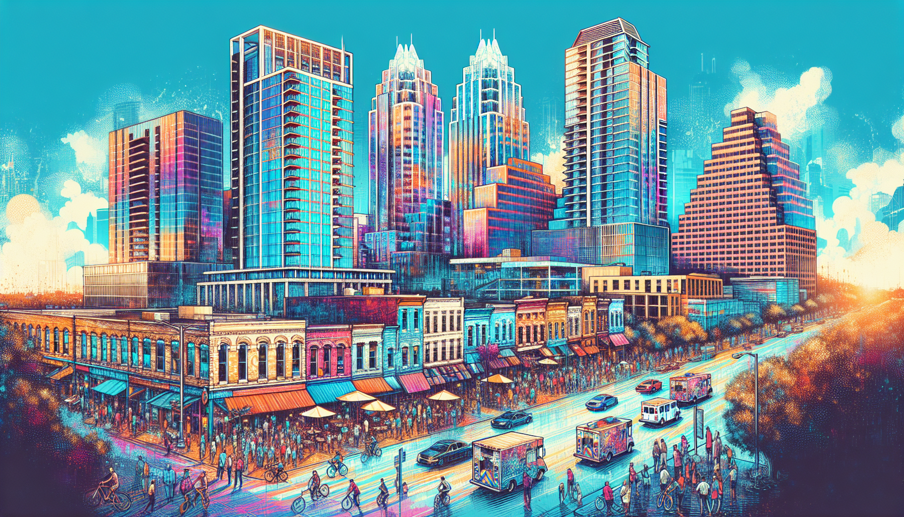 Illustration of downtown Austin skyline with modern buildings and urban lifestyle