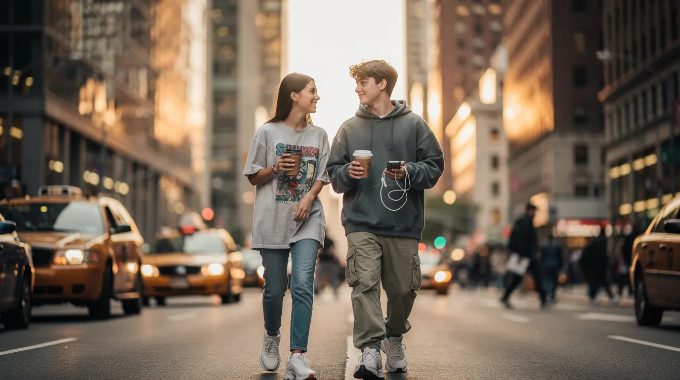 A young couple in the talking stage of their relationship sits on a park bench in New York City, engaged in a lively conversation while sipping coffee. They appear to be enjoying each other's company, sharing laughter and flirtatious glances, as they explore their feelings and hopes for the future amidst the bustling urban backdrop.