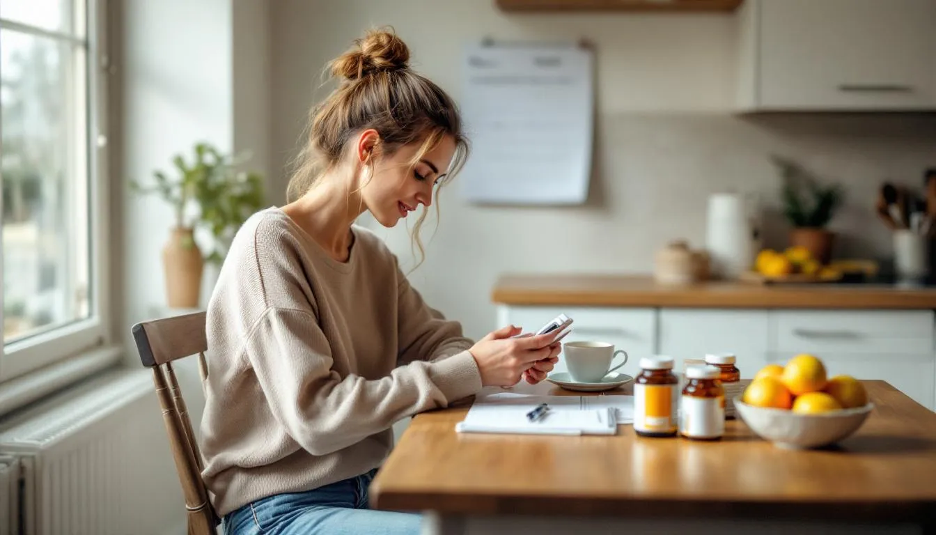 The image shows a person carefully reading supplement labels while planning their daily routine, surrounded by healthy foods like fruits and vegetables. This scene highlights the importance of magnesium-rich foods and dietary supplements for supporting brain health and cognitive function.