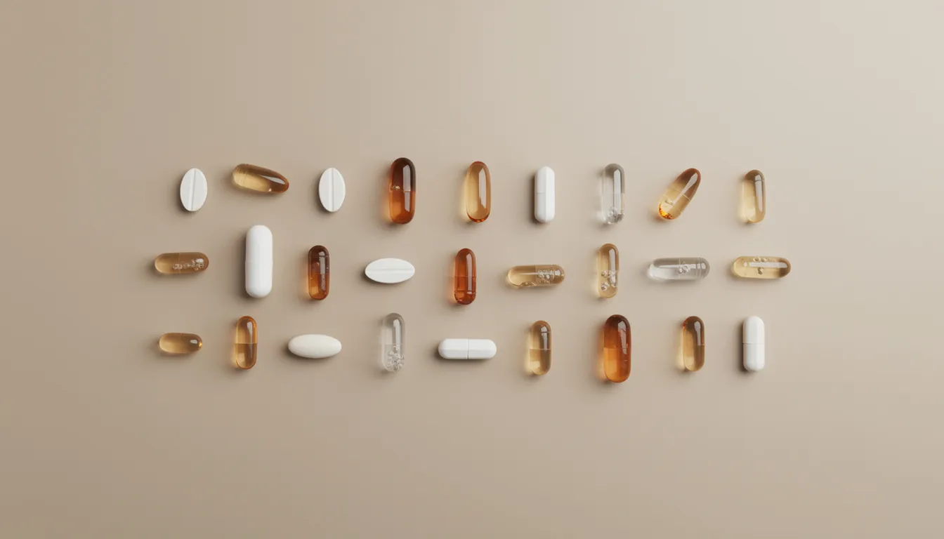 The image features a variety of supplement capsules of different sizes neatly arranged on a neutral surface, showcasing options for those interested in nmn supplementation, which is known for its potential benefits in metabolic health and aging. These oral capsules highlight the growing interest in nicotinamide mononucleotide (nmn) as a naturally occurring molecule that may support DNA repair and muscle insulin sensitivity.