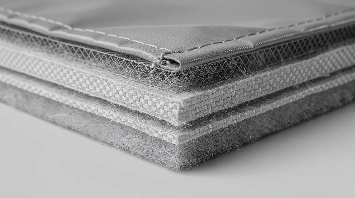 A close-up view of a layered RV cover fabric, showcasing multiple bonded material layers designed to protect vehicles during the off season. The intricate textures and colors highlight the quality and durability of this essential product for RV owners.