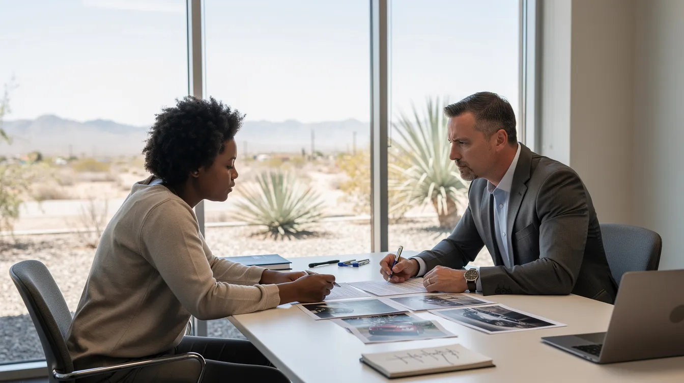 A Phoenix personal injury lawyer is meeting with a diverse adult client in a modern office, both focused on reviewing printed documents and photos related to a car accident case. The setting features large windows allowing bright Phoenix daylight to illuminate the serious interaction, with a subtle desert landscape visible outside, emphasizing the professional atmosphere of the consultation for personal injury claims.