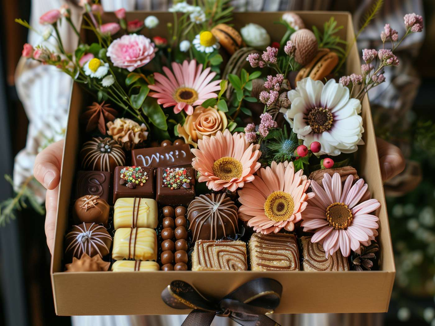 Luxurious Chocolate and Sweets Gift Box Collection featuring milk and white chocolate bars, vanilla accents, and a chocolate gift hamper, beautifully paired with Fabulous Flowers and Gifts, ideal for gifting.