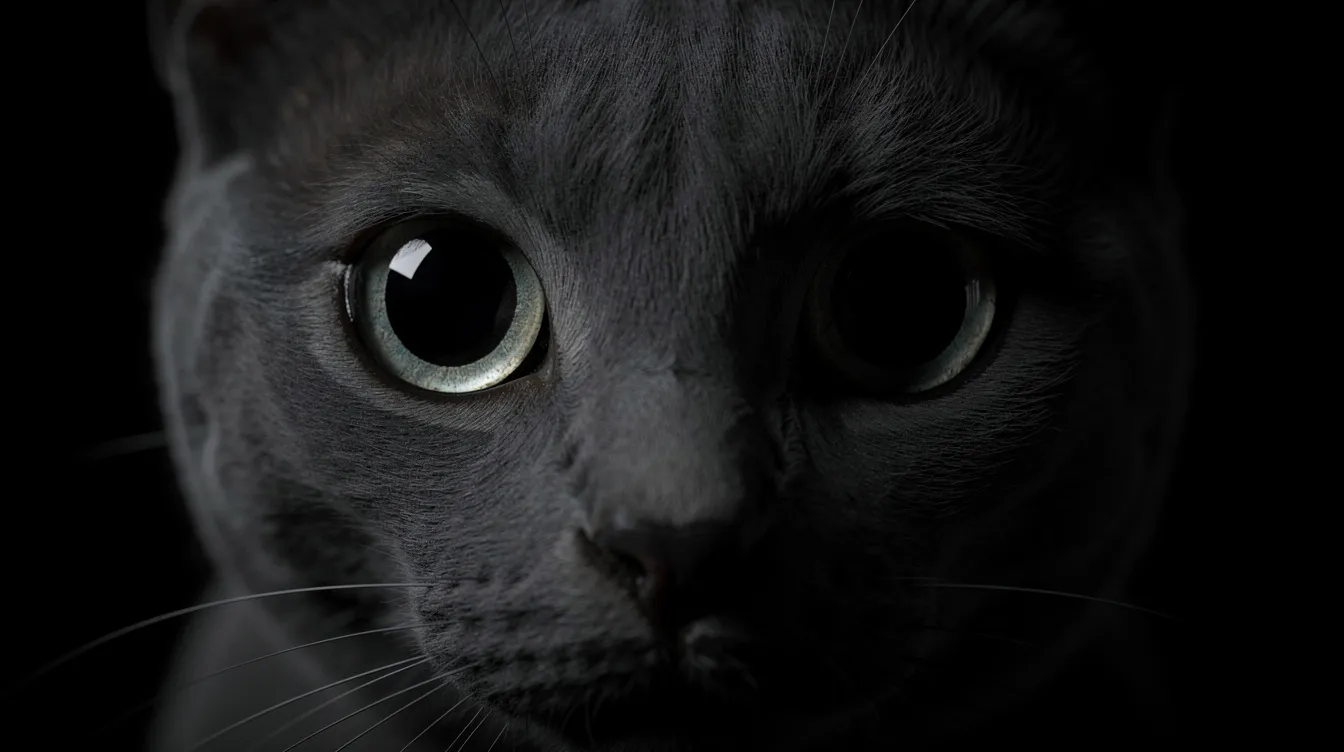 A close-up photograph captures a cat's face with dilated round pupils glowing eerily in darkness, showcasing its exceptional night vision. This image highlights how cats can see in low light conditions, allowing them to detect even the slightest movement in dimly lit environments.
