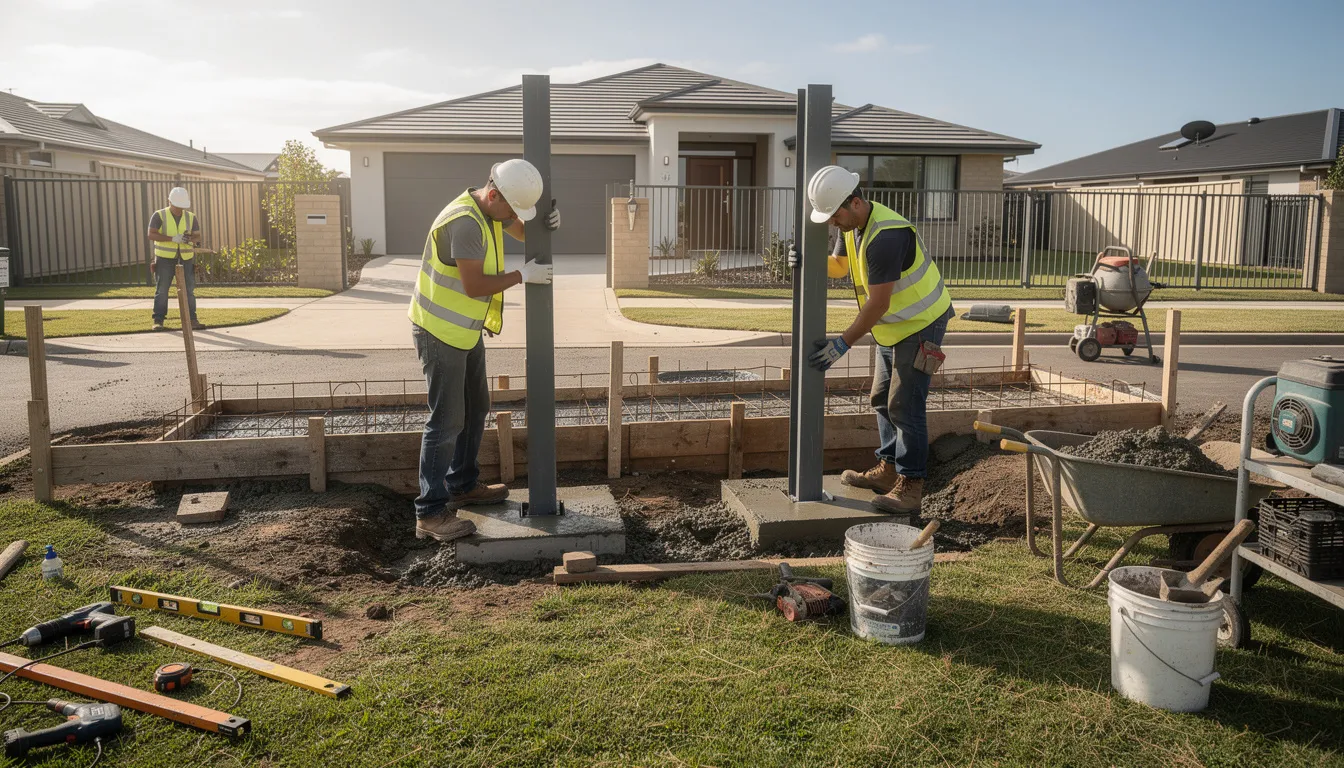 Workers are seen installing sturdy steel gate posts into concrete footings on a residential property, preparing for the installation of automatic gates. The scene highlights the professional service and quality materials used for creating secure access solutions in the front yard.
