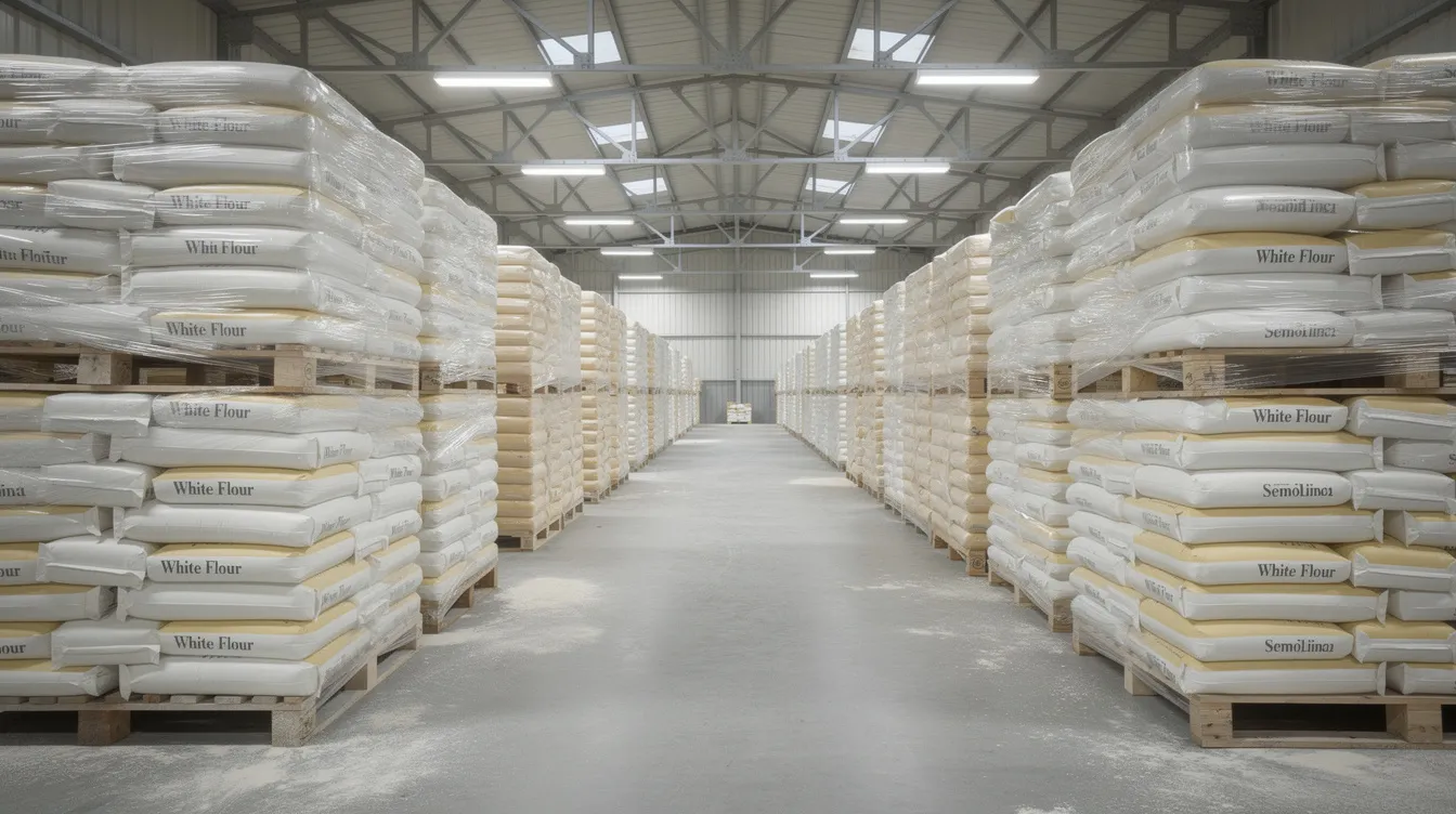 d4e21dae fd7d 4d33 bc65 d953517e155d The image shows a warehouse filled with stacked bags of white flour and semolina, organized on pallets, indicative of a flour mill or semolina production plant. This setting highlights the industrial scale of flour and semolina products in India.