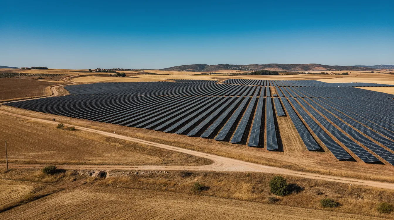 A large solar panel farm stretches across the dry Spanish countryside, gleaming under a clear blue sky, symbolizing the growing trend of renewable energy investments in Spain. This scene highlights the potential for foreign investors to explore sustainable investment options while benefiting from favorable Spanish tax rules.