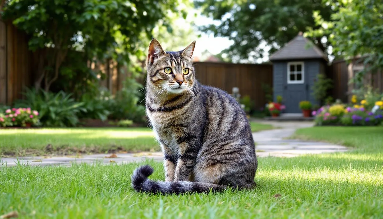 Een oudere dove kat met blauwe ogen ligt rustig in de tuin, omringd door gras en bloemen. De kat geniet van de veilige plek en de sterke geur van de natuur terwijl hij slaapt.