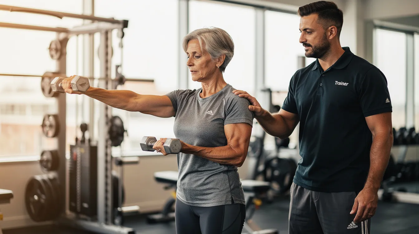 An older woman is engaged in a controlled strength exercise, focusing on muscle performance, while a trainer observes nearby, ensuring proper technique. This scene highlights the importance of resistance training for active women, which can enhance muscle strength and support overall bone health.