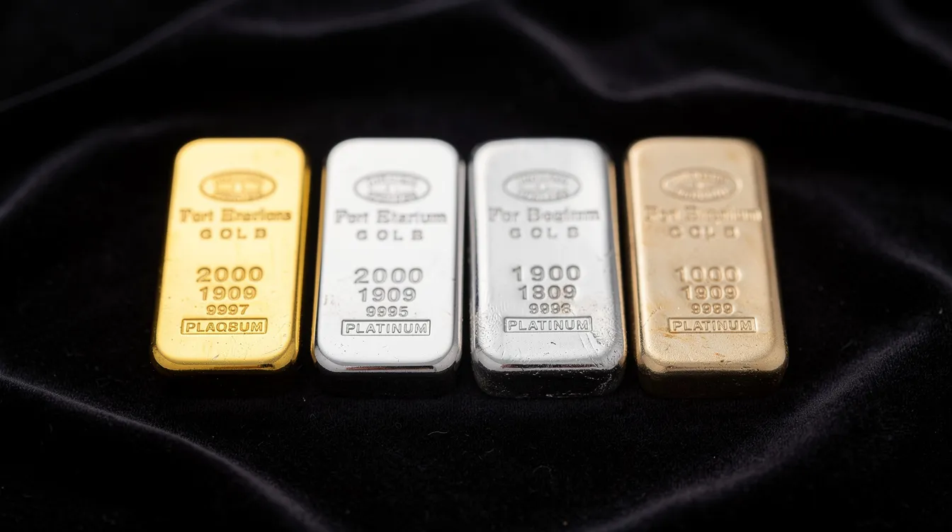 The image features four distinct precious metal bars—gold, silver, platinum, and palladium—neatly arranged on a dark velvet surface, showcasing their unique colors and textures. This visual representation highlights the market value and demand for these metals, which are often tracked through historical data and live prices.